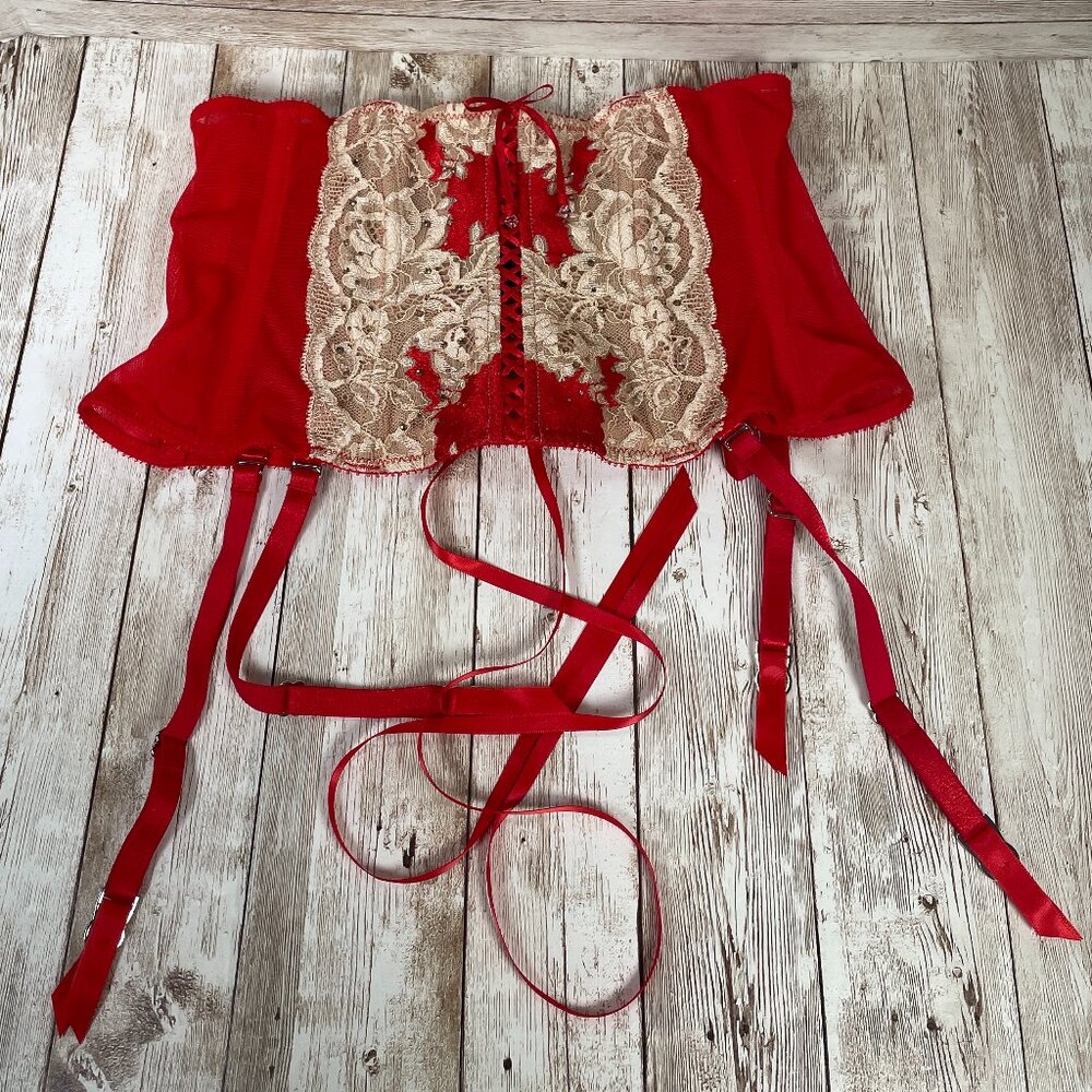 VICTORIA'S SECRET Very Sexy Bling Red Beige Garter Belt Waist Cincher XS/S NWT